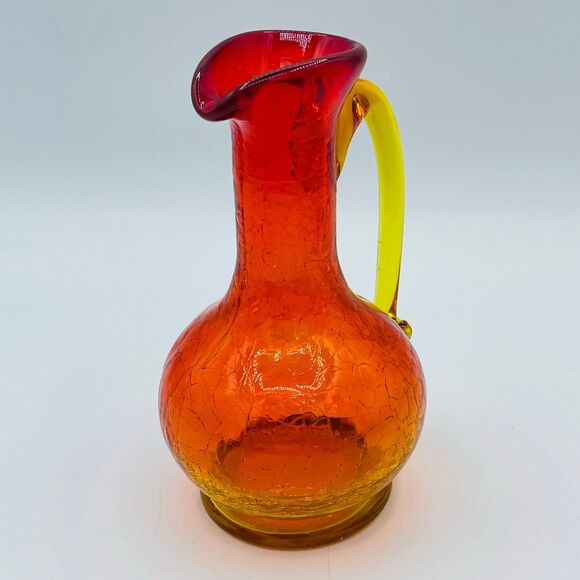 Orange Yellow Amber Crackle Glass Handled Small Pitcher Vase Partial Glow MCM - Picture 4 of 11